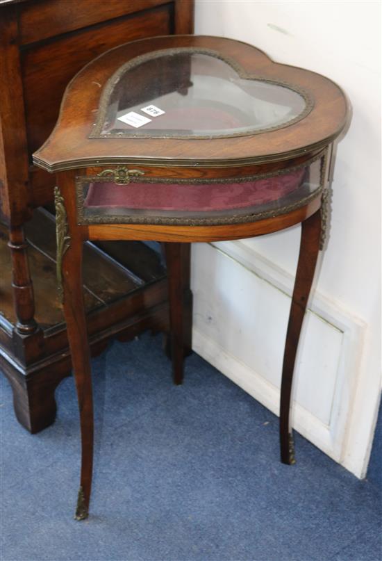 A Louis XVI style gilt metal mounted mahogany heart shaped bijouterie table W.45cm